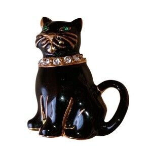 MONET Signed Black Enamel Cat Green Rhinestone Eyes Gold Tone Vintage Brooch